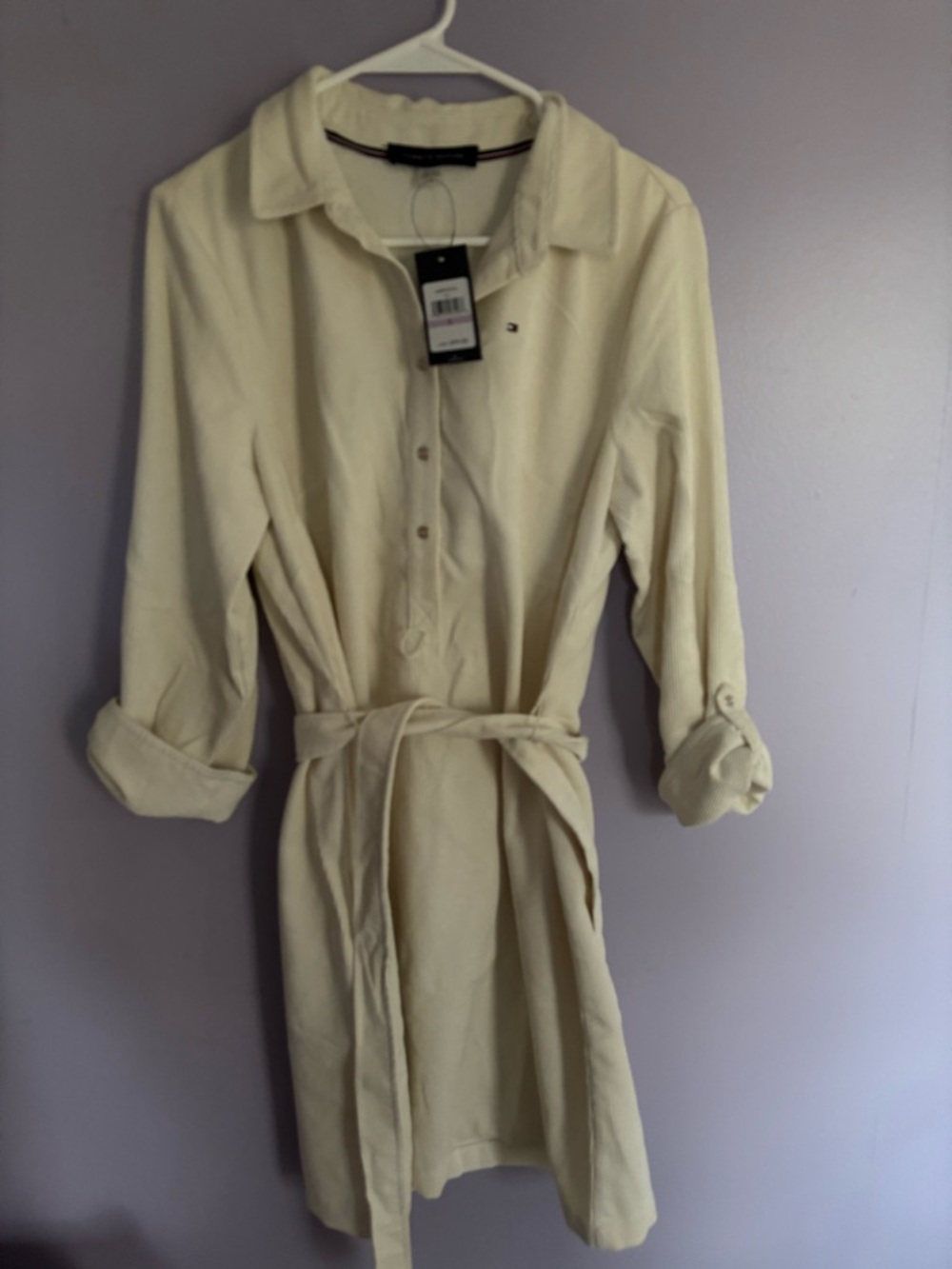 Tommy Hilfiger Corduroy Cream Button-Front Shirt Dress with Waist Tie